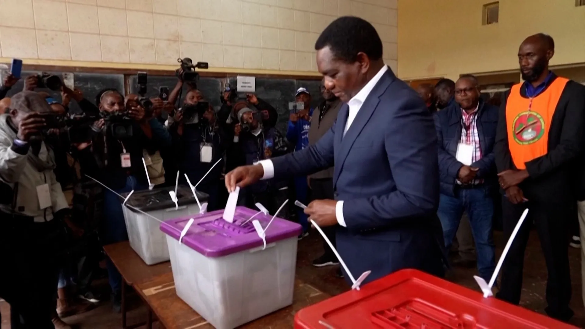 Zambian president Hichilema votes as he seeks second term