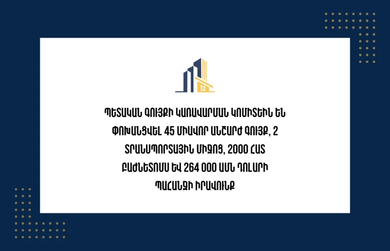 3 տարում Պետգույքի կառավարման կոմիտեին են փոխանցվել 45 անշարժ գույք, 2 տրանսպորտային միջոց, 2,000 հատ բաժնետոմս և 264,000 դոլարի պահանջի իրավունք