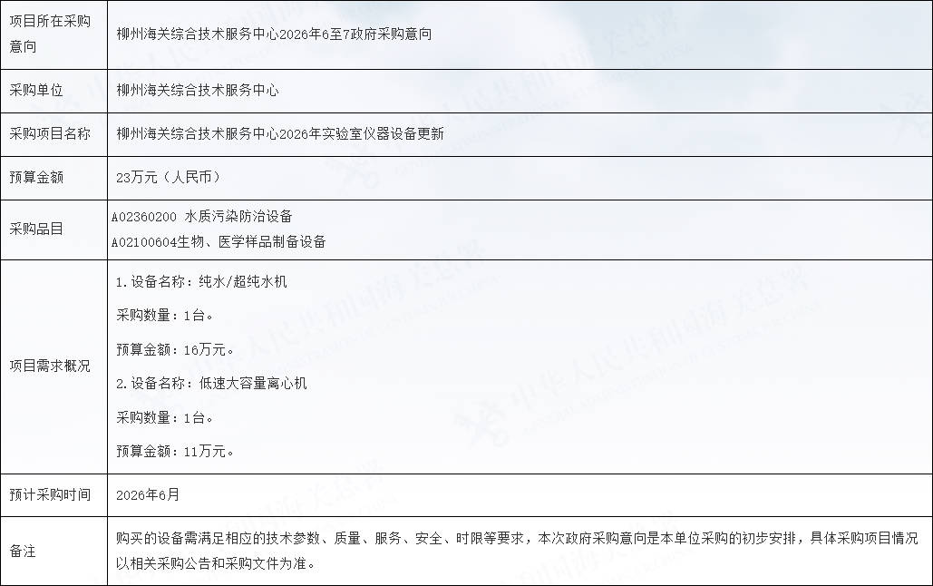 柳州海关综合技术服务中心2026年6至7月政府采购意向