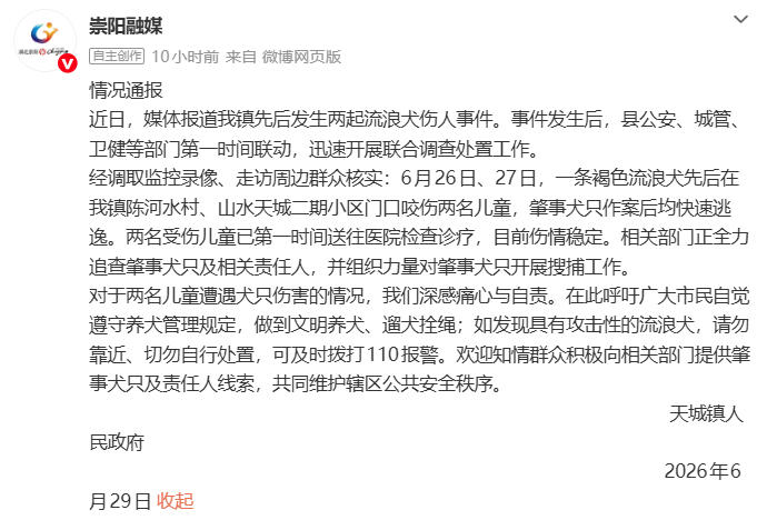 湖北省崇阳县通报“流浪犬伤人事件”：正全力追查肇事犬只及责任人