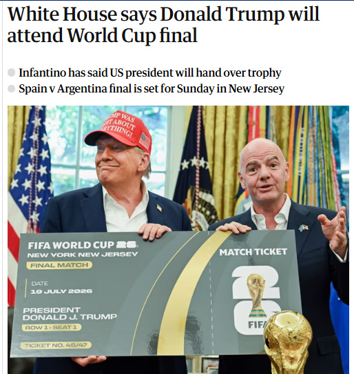 白宫确认特朗普将出席世界杯决赛，计划与国际足联主席共同颁奖